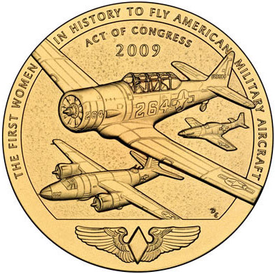 Medalla de oro del Congreso en honor a las mujeres pilotos de las fuerzas aéreas, 2009. Diseño del reverso por la United States Mint.