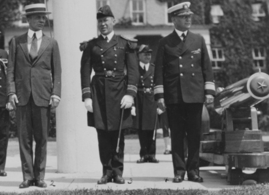 Left to right: Theodore Roosevelt, Jr., Assistant Secretary of the Navy; Lieutenant Commander Charleton E. Battle, Jr., Newport Training Station; Rear Admiral Clarence S. Williams, President of the Naval War College. This photo was taken during a visit to the Naval Training Station, Newport, Rhode Island in about 1923. Detail, U.S. Naval History and Heritage Command photograph.