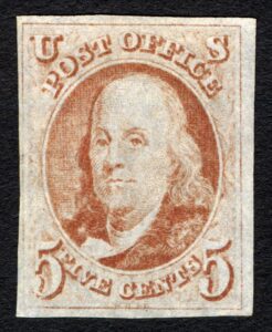 The Benjamin Franklin five cent stamp.