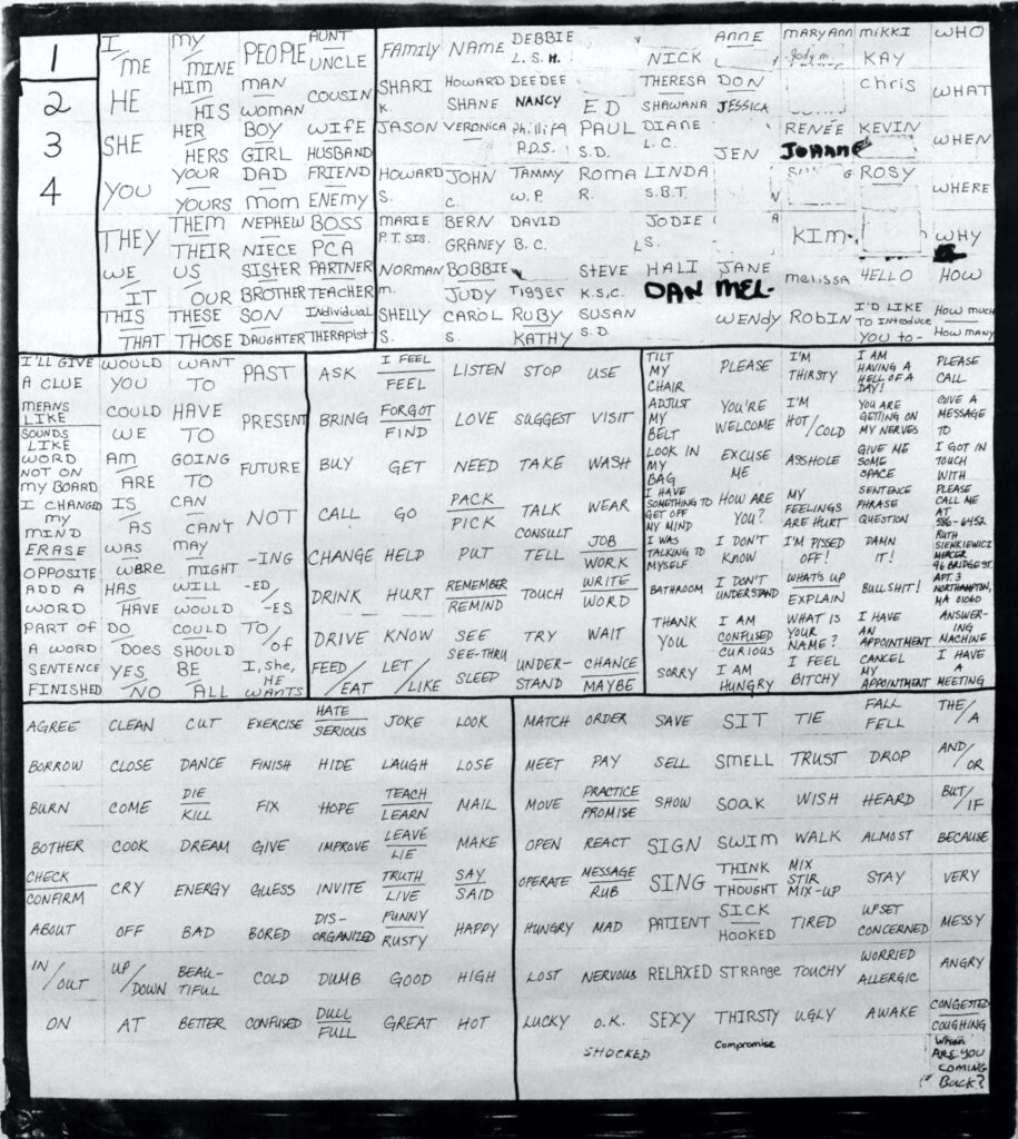 Black-and-white image of Ruth Sienkiewicz-Mercer's wordboard. Hand-written grid of approximately 100 words Sienkiewicz-Mercer used to communicate.