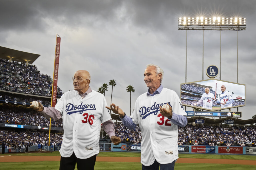 Don Newcombe and Sandy Koufax First Pitch During World Series Game 7 photograph, 2017 November 01