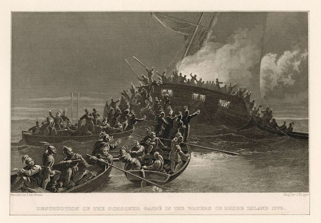 Black and white drawing of the Destruction of the schooner Gaspé in the waters of Rhode Island in 1772.