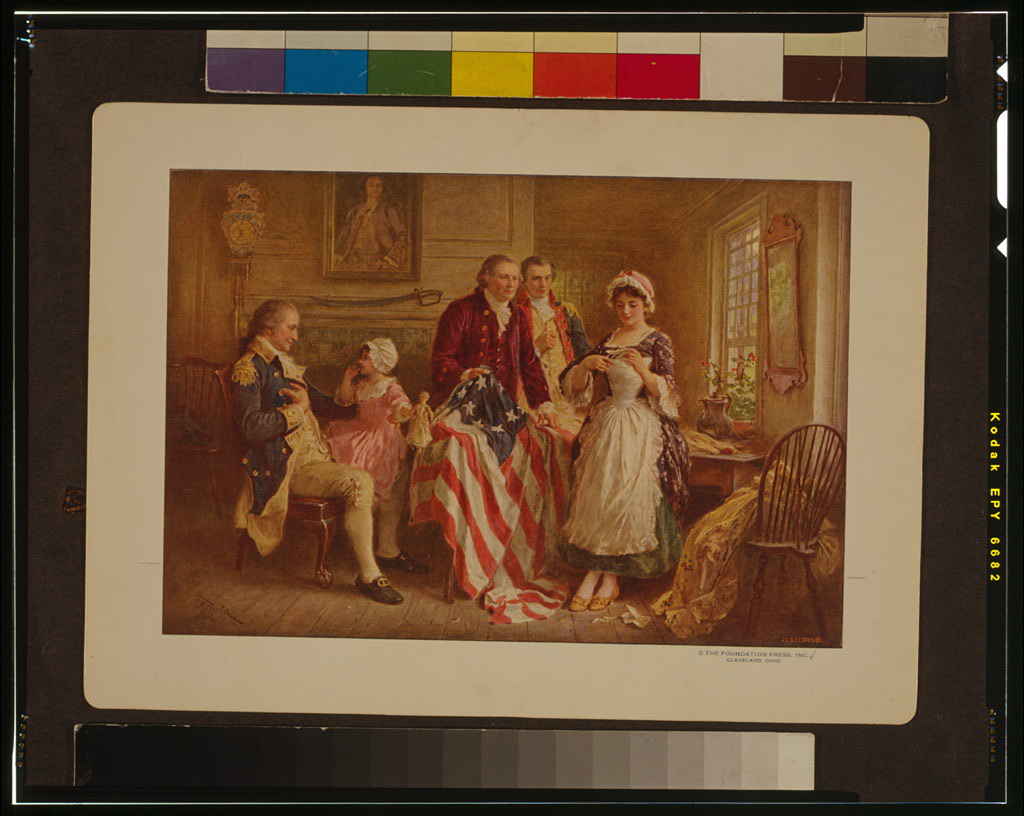 Painting of Betsy Ross showing Major Ross and Robert Morris how she cut the stars for the American flag; George Washington sits in a chair on the left.