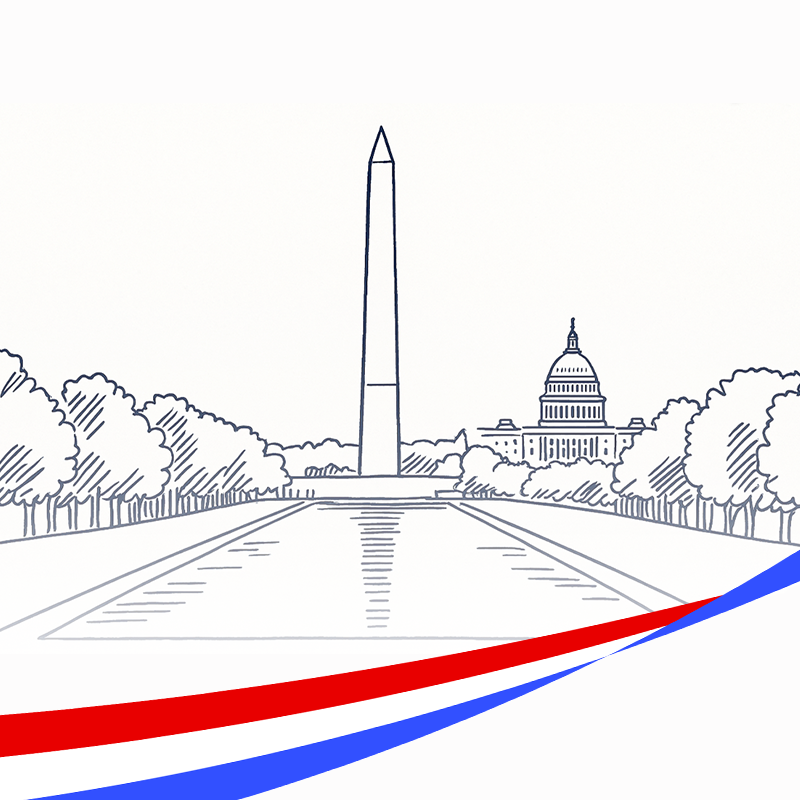 An illustration of the Washington Monument and Reflecting Pool