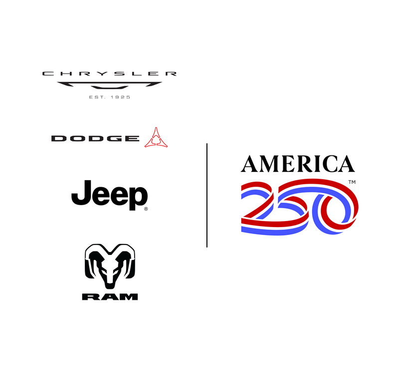 Logo lockup of Chrysler Dodge Jeep Ram and America250