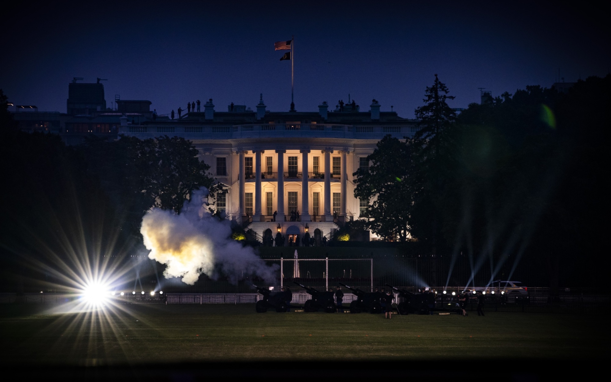 Evening view of White House after cannon salute