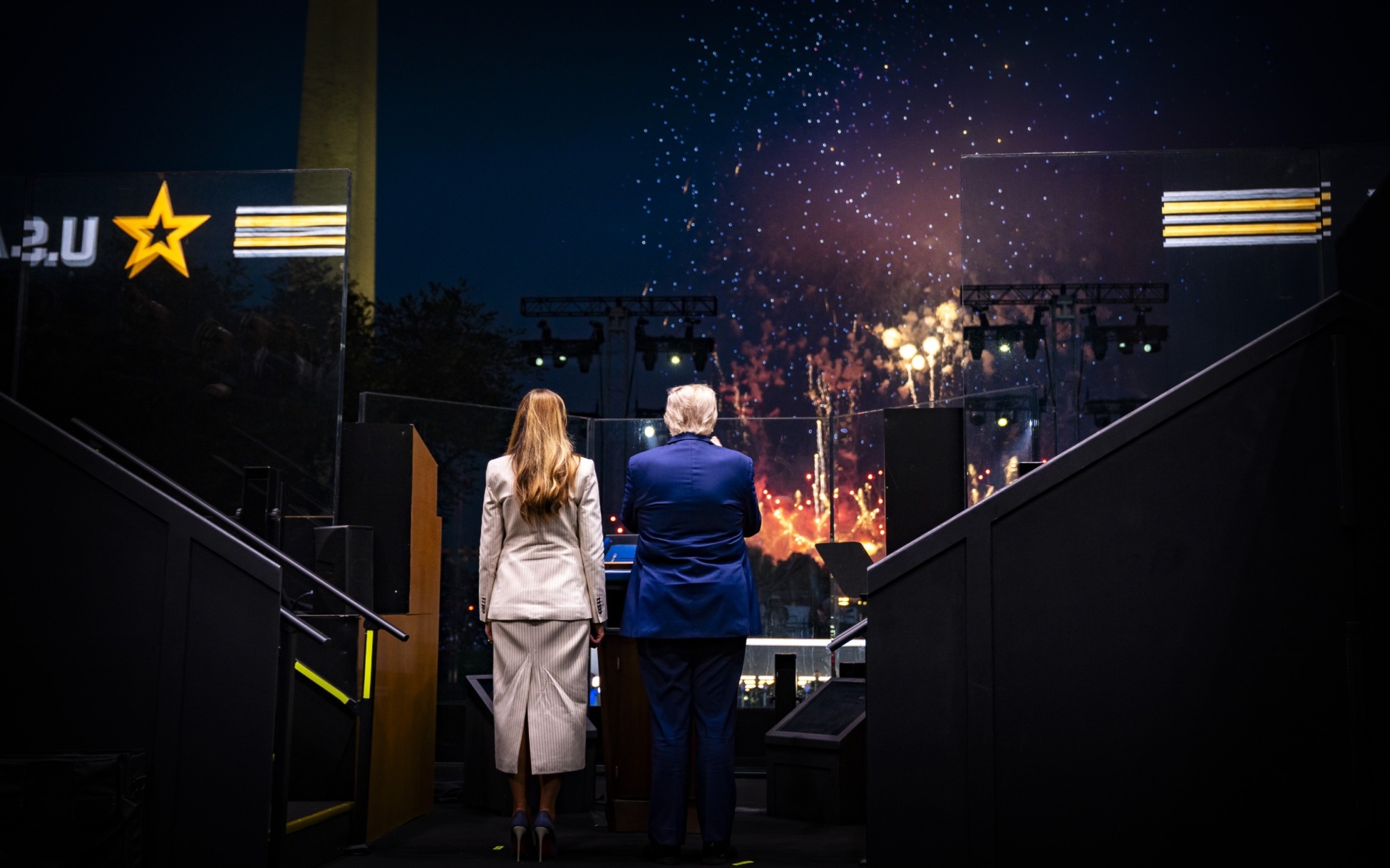 President Donald J. Trump and First Lady Melania Trump viewing fireworks from the parade reviewing stand