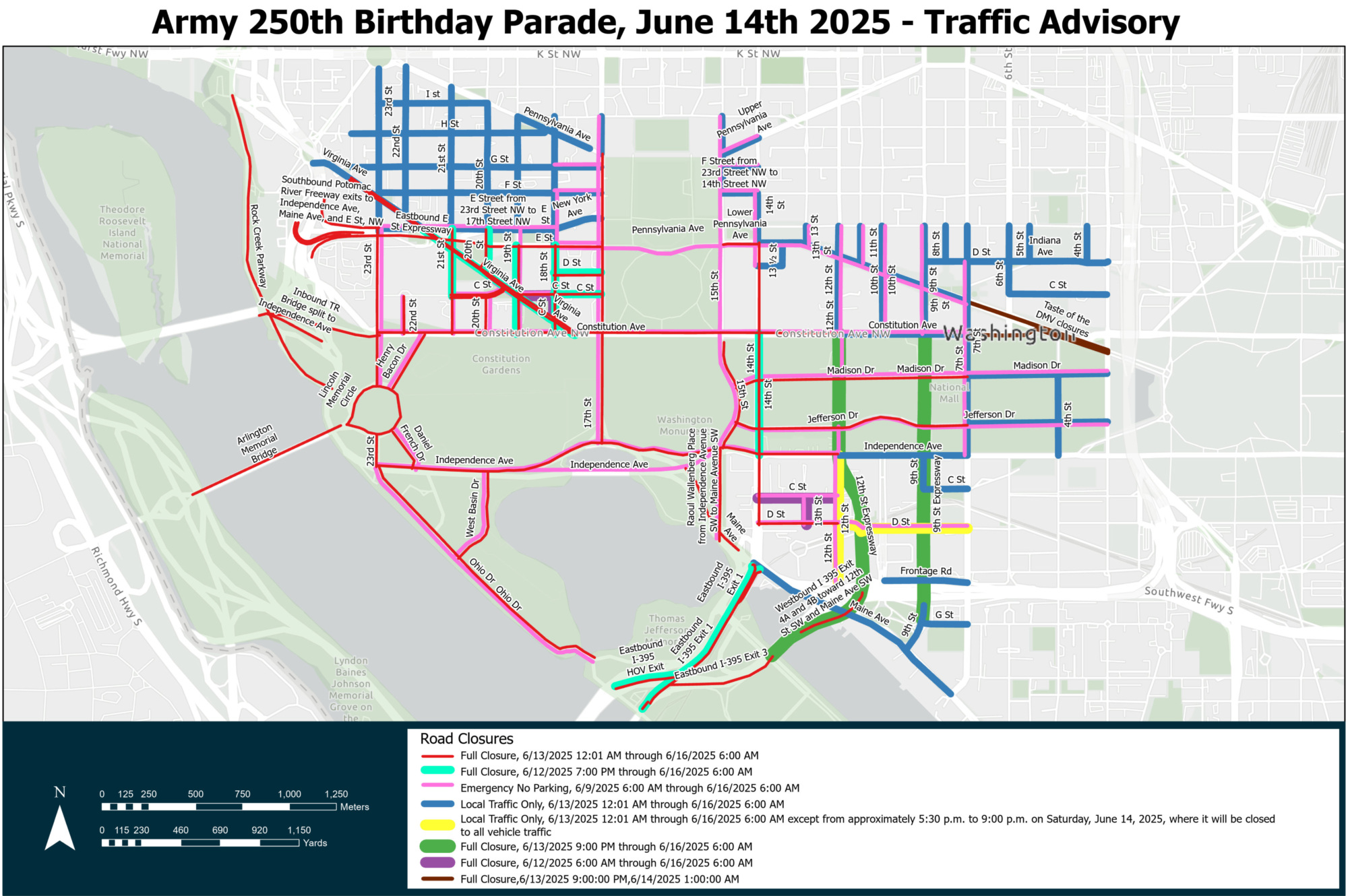 Traffic advisory map showing road closures
