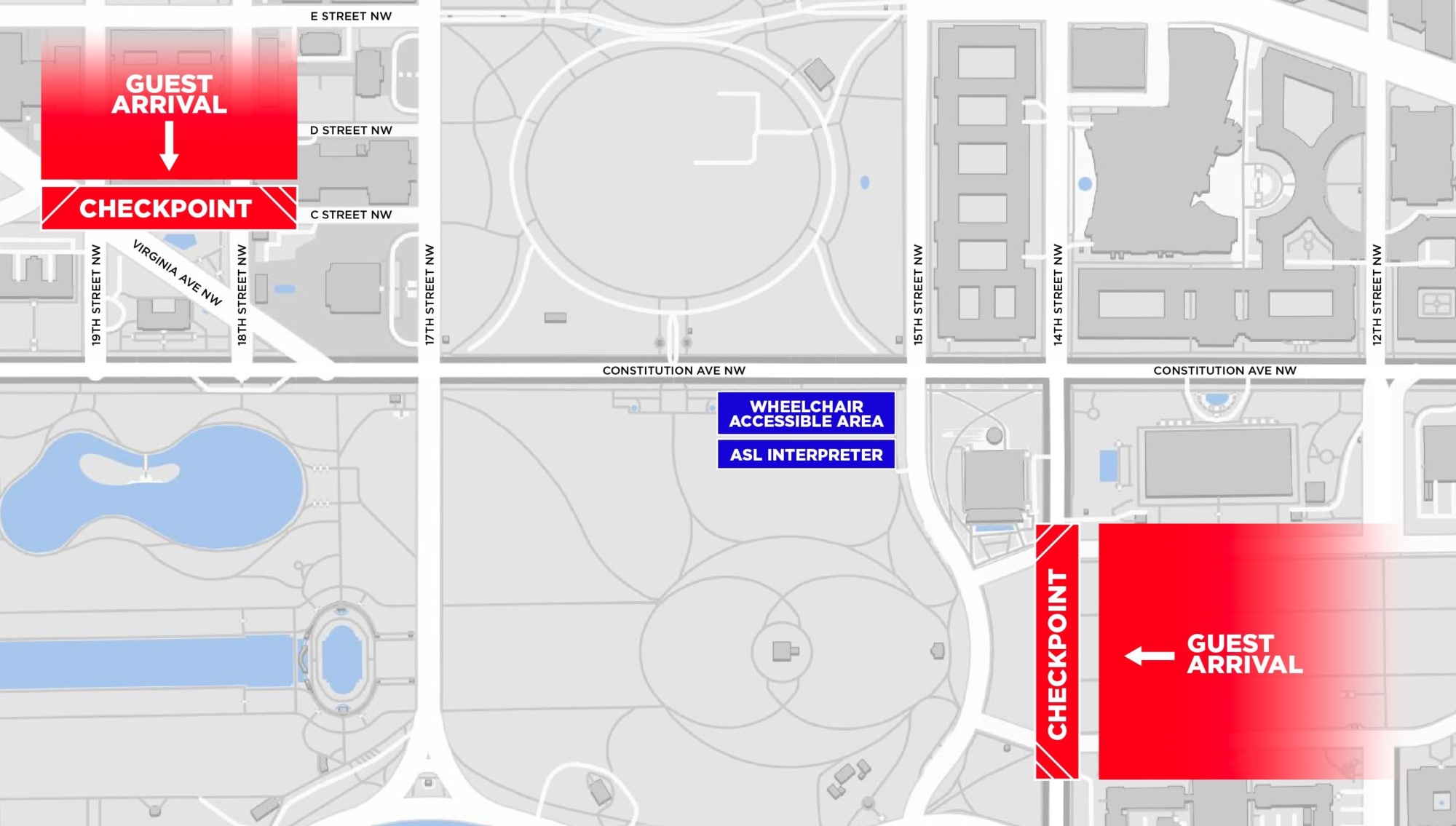 Map showing guest arrival flow and location of two security checkpoints at 14th Street between Madison and Jefferson Avenues, and at C Street between 18th and 19th Streets