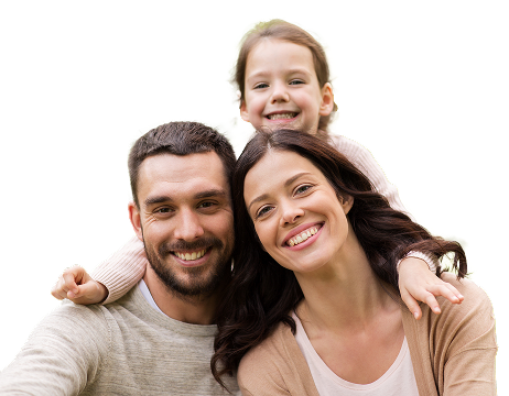 A father, mother, and son smiling