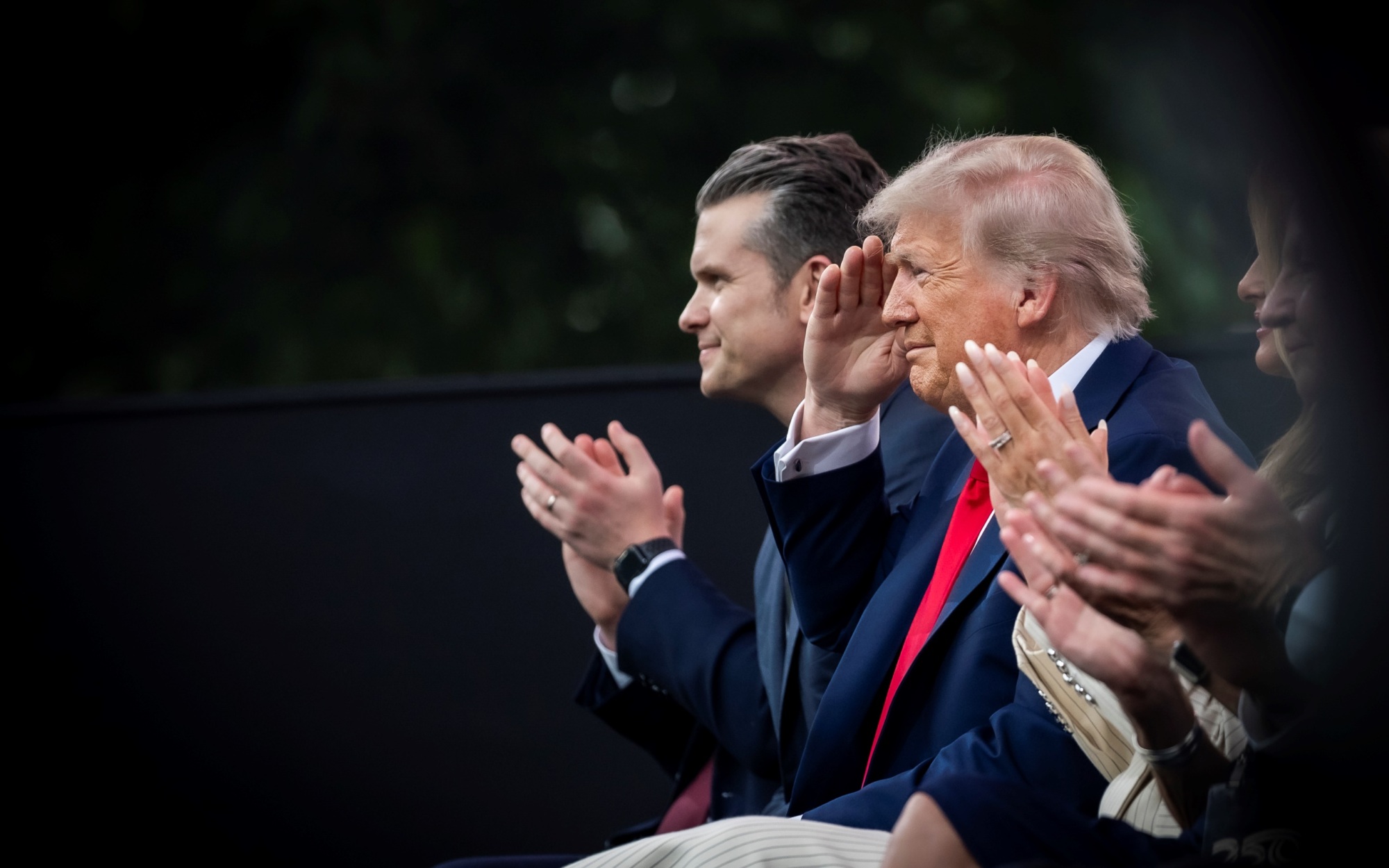 President Donald J. Trump and Secretary of Defense Pete Hegseth acknowledging soldiers during parade