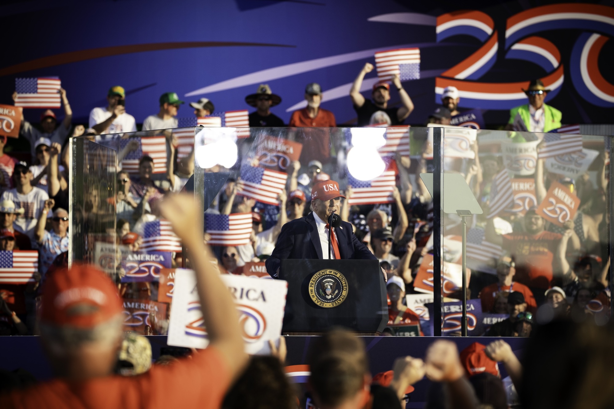 President Trump giving speech at the America250 Iowa event on July 3 2025